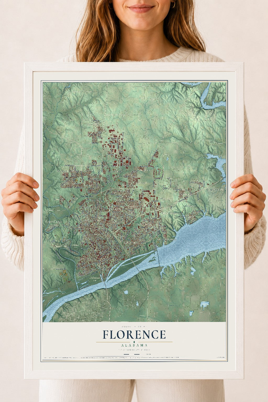Map of Florence, Alabama, 18 x 24 inch print in a white wood frame