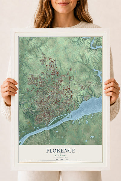 Map of Florence, Alabama, 18 x 24 inch print in a white wood frame