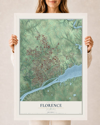 Map of Florence, Alabama, 24 x 36 inch print in a white wood frame