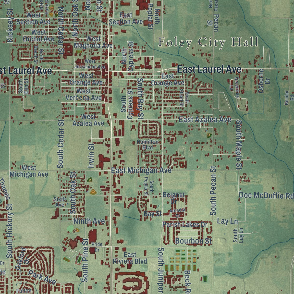 Close-up of the map of Foley, Alabama print showing street and building detail