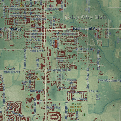 Close-up of the map of Foley, Alabama print showing street and building detail