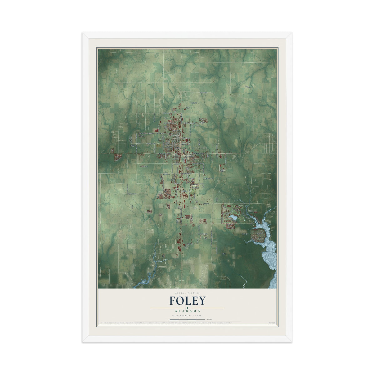 Map of Foley, Alabama, 12 x 18 inch print in a white wood frame