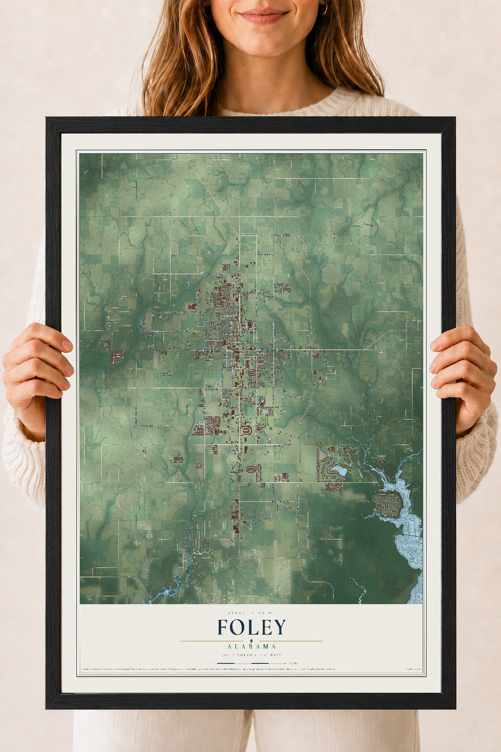 Map of Foley, Alabama, 18 x 24 inch print in a black wood frame