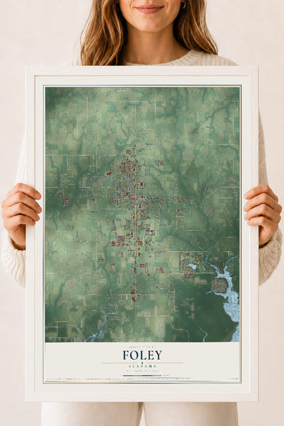 Map of Foley, Alabama, 18 x 24 inch print in a white wood frame