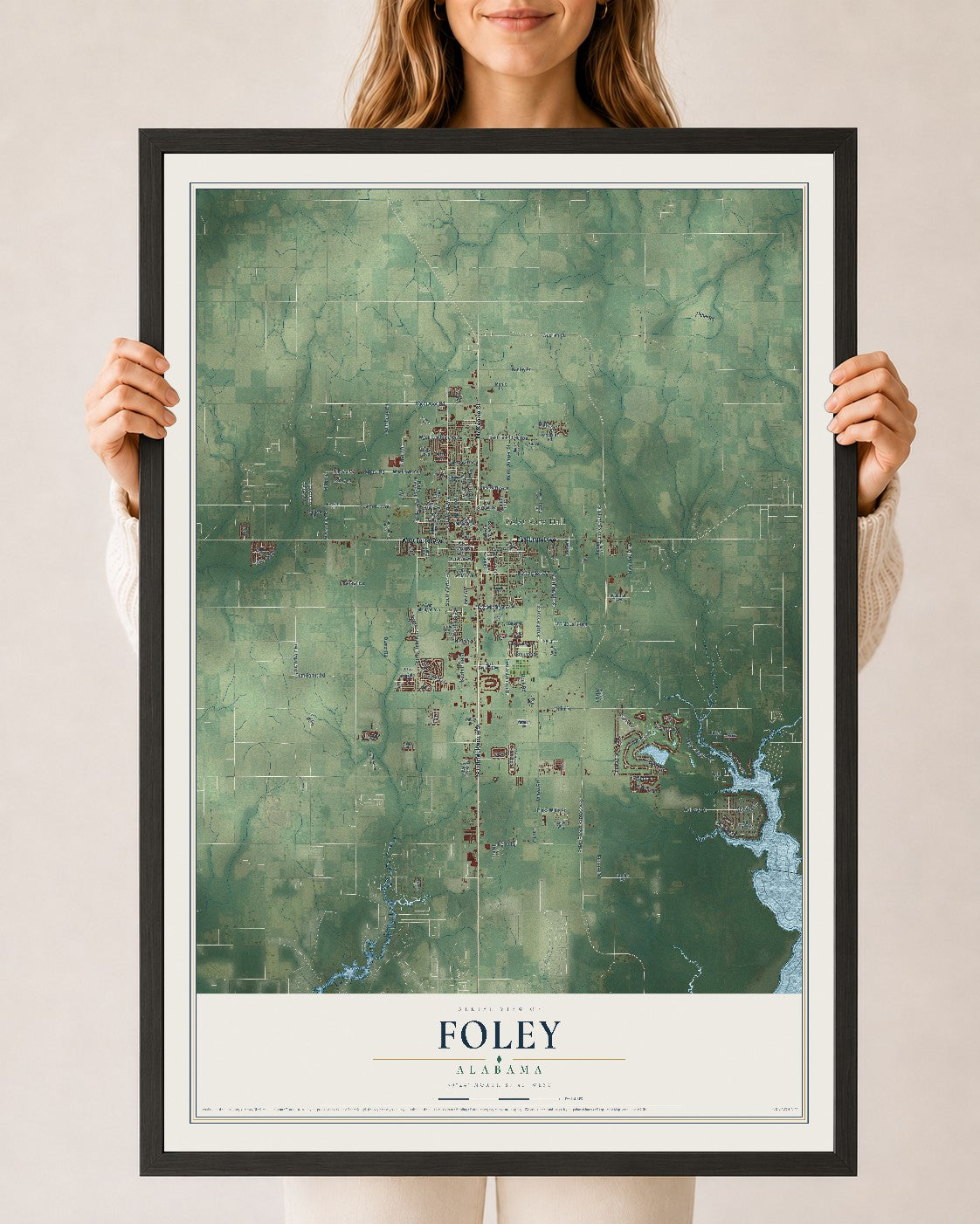 Map of Foley, Alabama, 24 x 36 inch print in a black wood frame