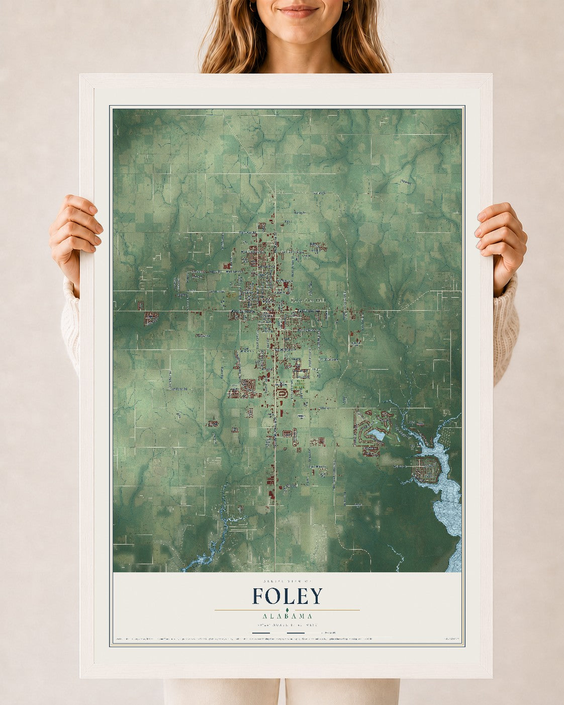 Map of Foley, Alabama, 24 x 36 inch print in a white wood frame