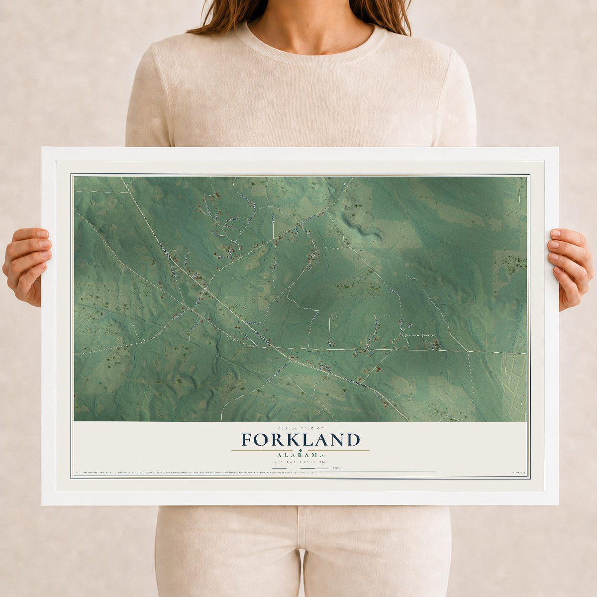 Map of Forkland, Alabama, 12 x 18 inch print in a white wood frame