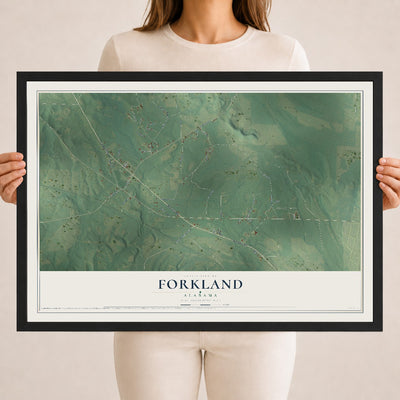 Map of Forkland, Alabama, 18 x 24 inch print in a black wood frame