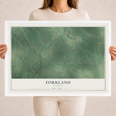 Map of Forkland, Alabama, 18 x 24 inch print in a white wood frame