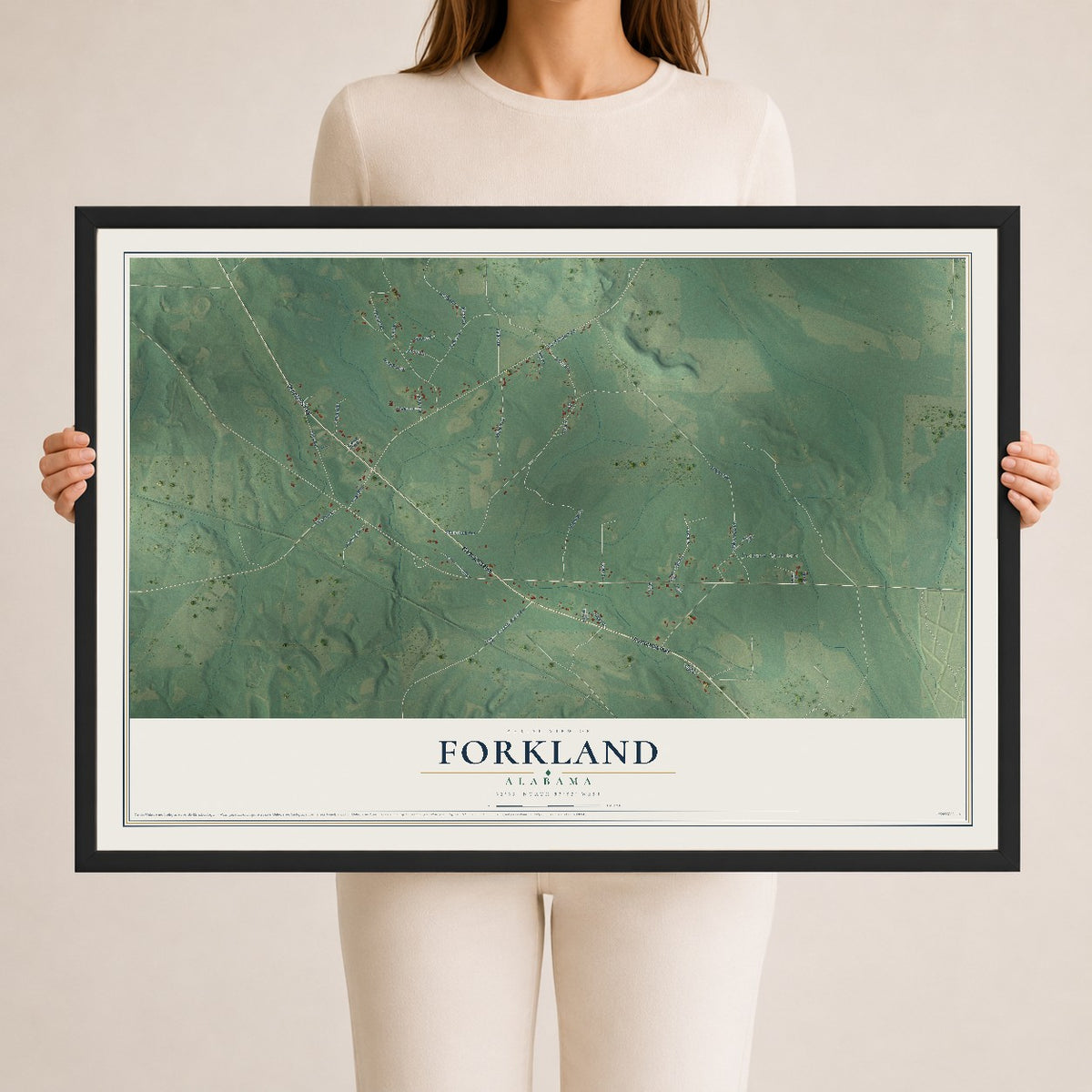 Map of Forkland, Alabama, 24 x 36 inch print in a black wood frame
