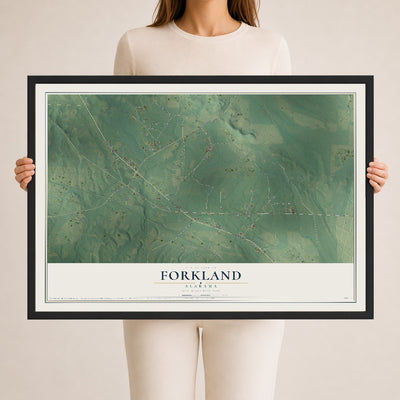 Map of Forkland, Alabama, 24 x 36 inch print in a black wood frame