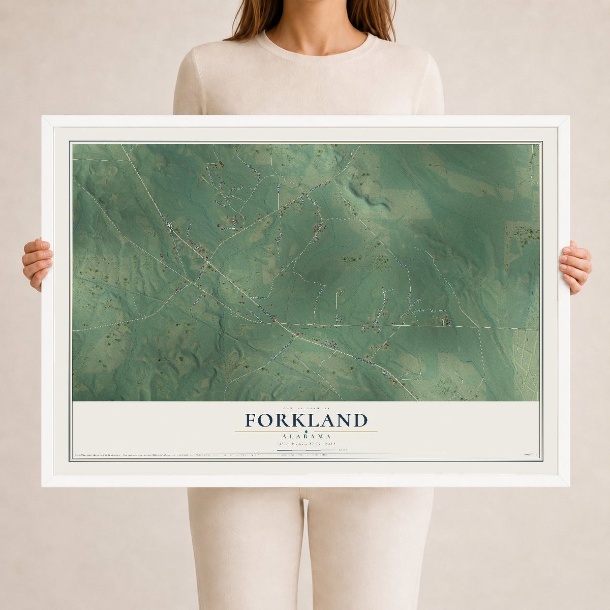 Map of Forkland, Alabama, 24 x 36 inch print in a white wood frame