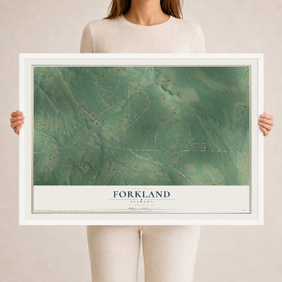 Map of Forkland, Alabama, 24 x 36 inch print in a white wood frame