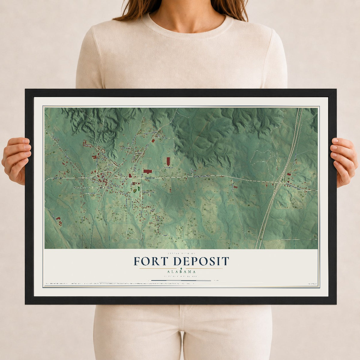 Map of Fort Deposit, Alabama, 12 x 18 inch print in a black wood frame