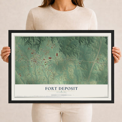 Map of Fort Deposit, Alabama, 12 x 18 inch print in a black wood frame