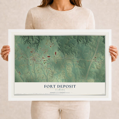 Map of Fort Deposit, Alabama, 12 x 18 inch print in a white wood frame