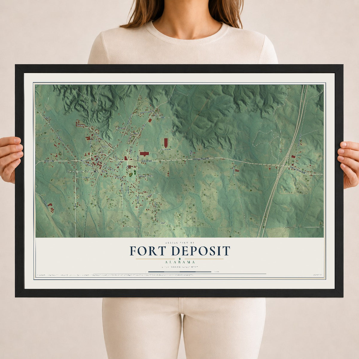 Map of Fort Deposit, Alabama, 18 x 24 inch print in a black wood frame