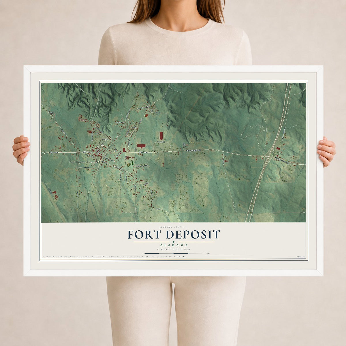 Map of Fort Deposit, Alabama, 24 x 36 inch print in a white wood frame