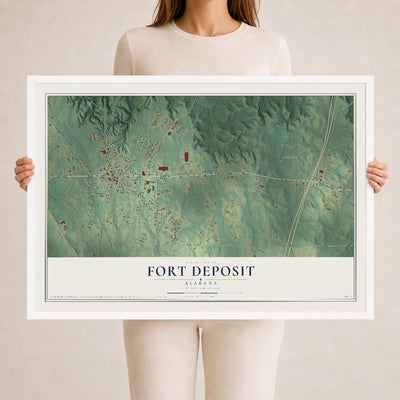 Map of Fort Deposit, Alabama, 24 x 36 inch print in a white wood frame