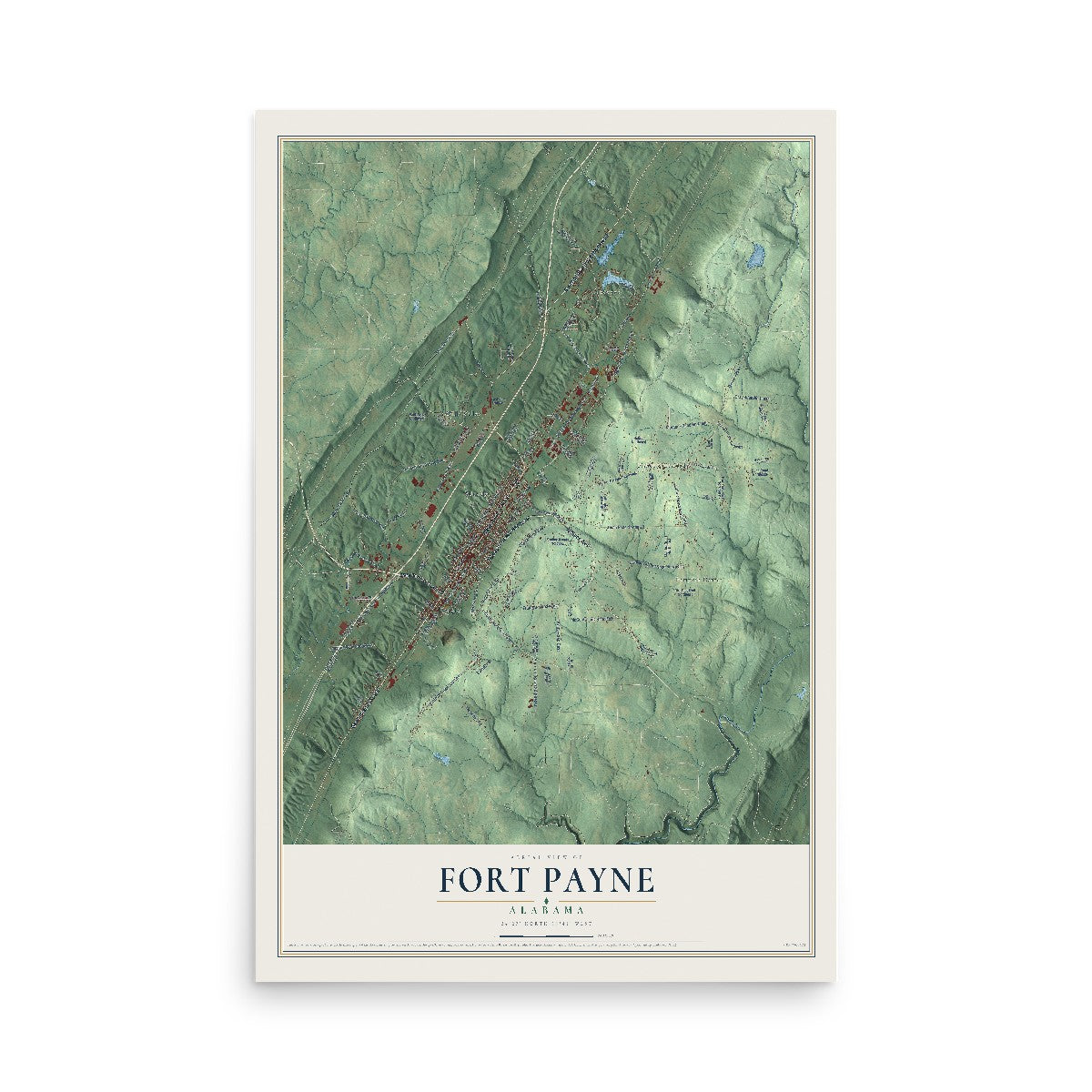Map of Fort Payne, Alabama, 12 x 18 inch unframed archival matte print