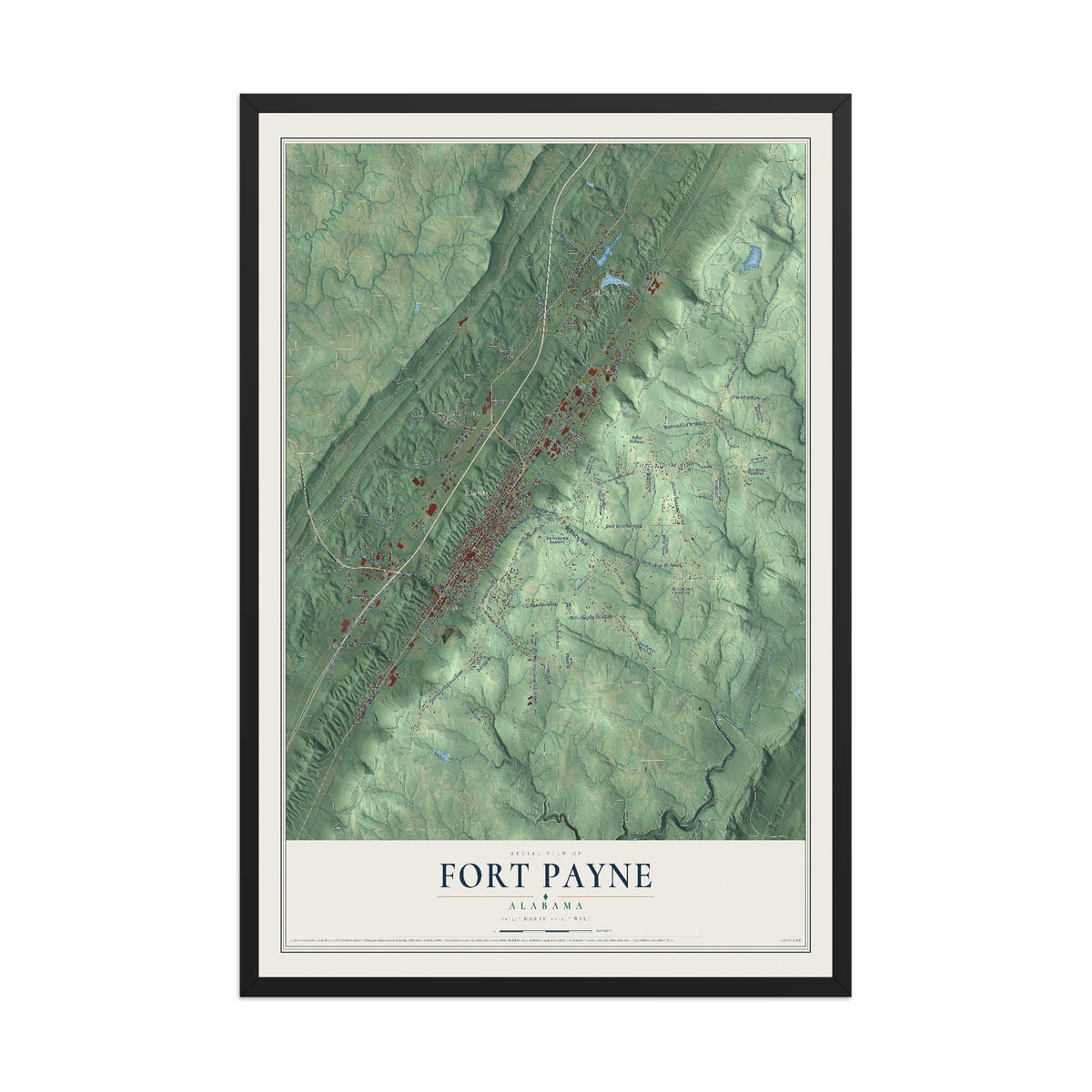 Map of Fort Payne, Alabama, 12 x 18 inch print in a black wood frame
