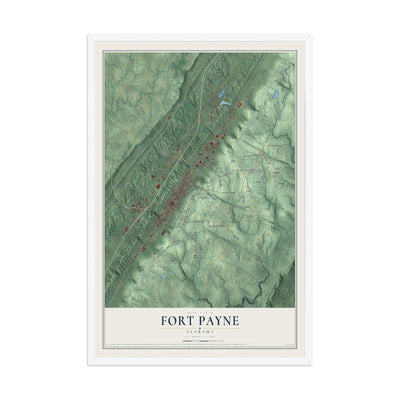 Map of Fort Payne, Alabama, 12 x 18 inch print in a white wood frame