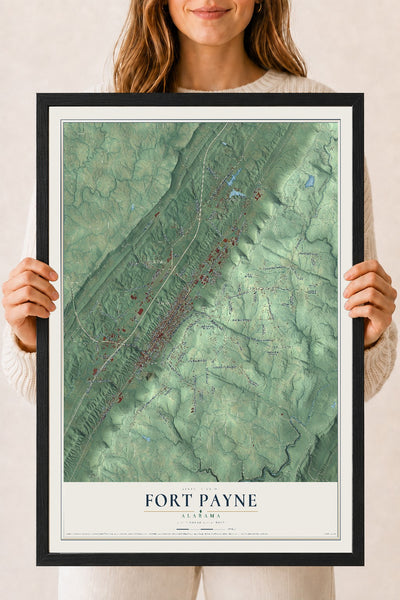 Map of Fort Payne, Alabama, 18 x 24 inch print in a black wood frame