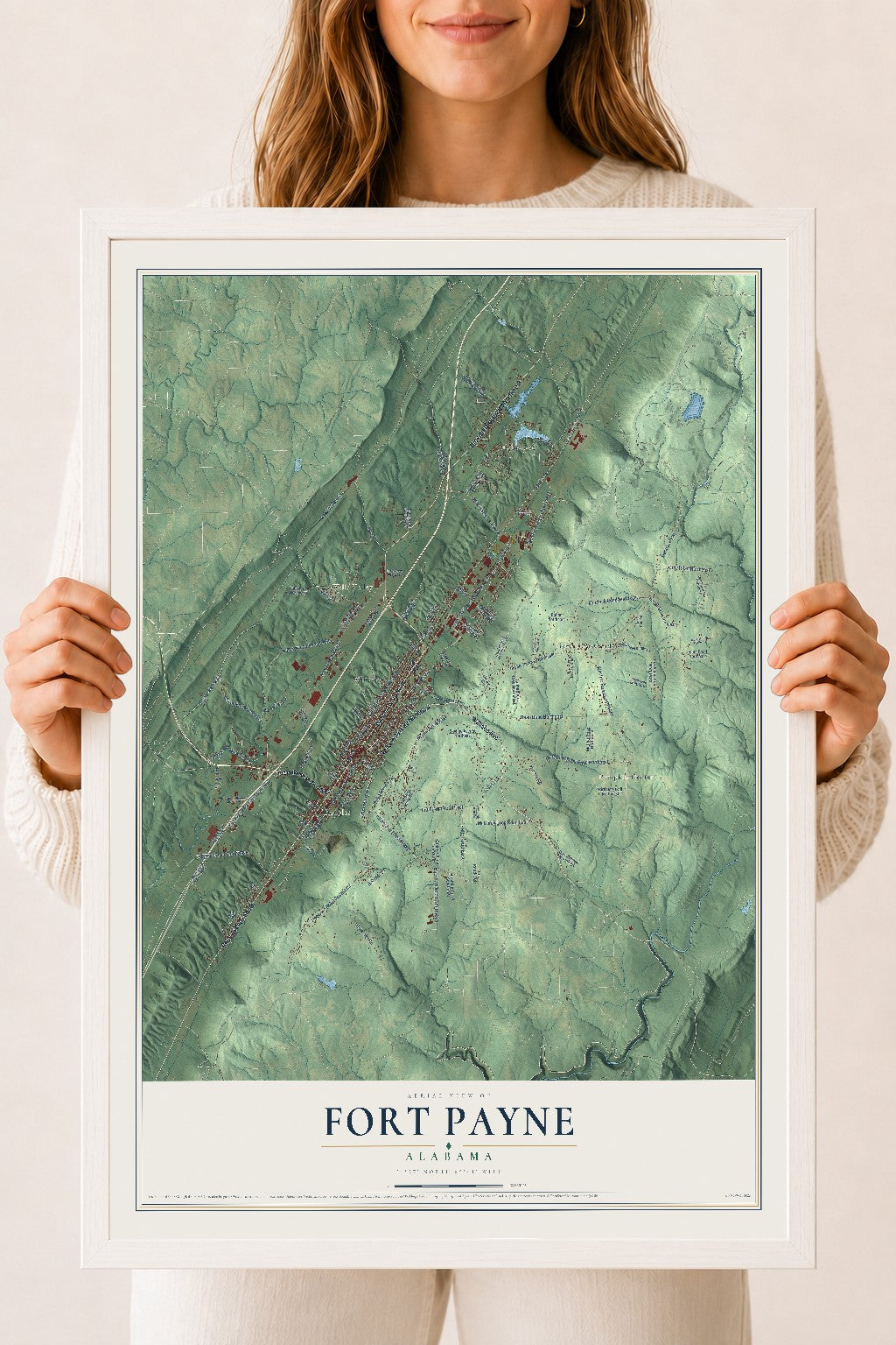 Map of Fort Payne, Alabama, 18 x 24 inch print in a white wood frame