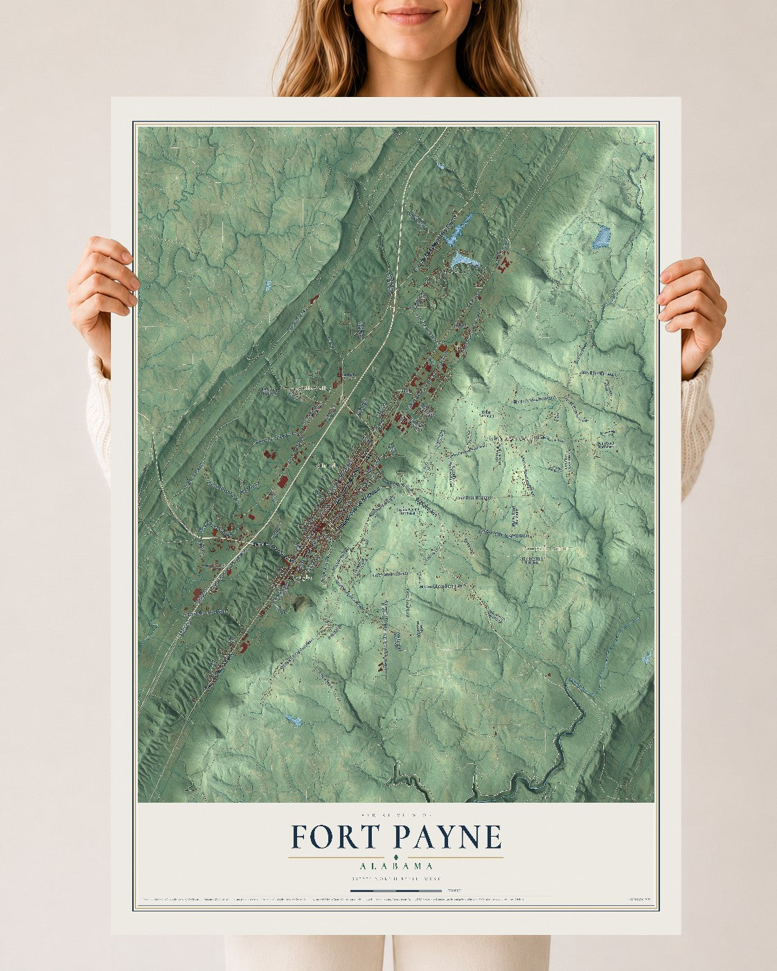 Map of Fort Payne, Alabama, 24 x 36 inch unframed archival matte print