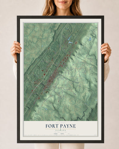 Map of Fort Payne, Alabama, 24 x 36 inch print in a black wood frame