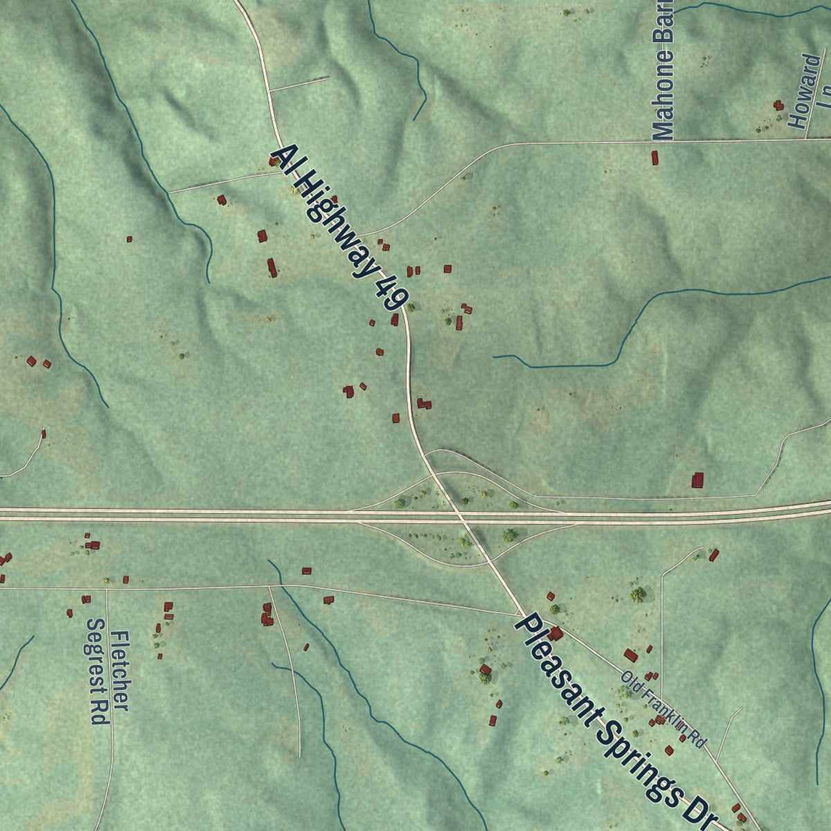 Second close-up of the map of Franklin, Alabama print showing more streets and buildings