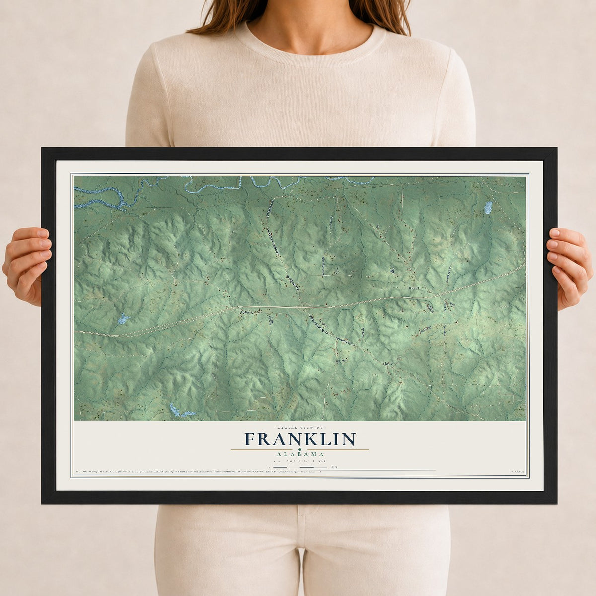 Map of Franklin, Alabama, 12 x 18 inch print in a black wood frame