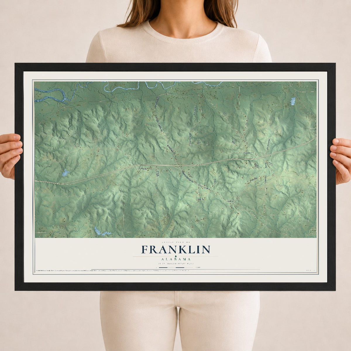 Map of Franklin, Alabama, 18 x 24 inch print in a black wood frame