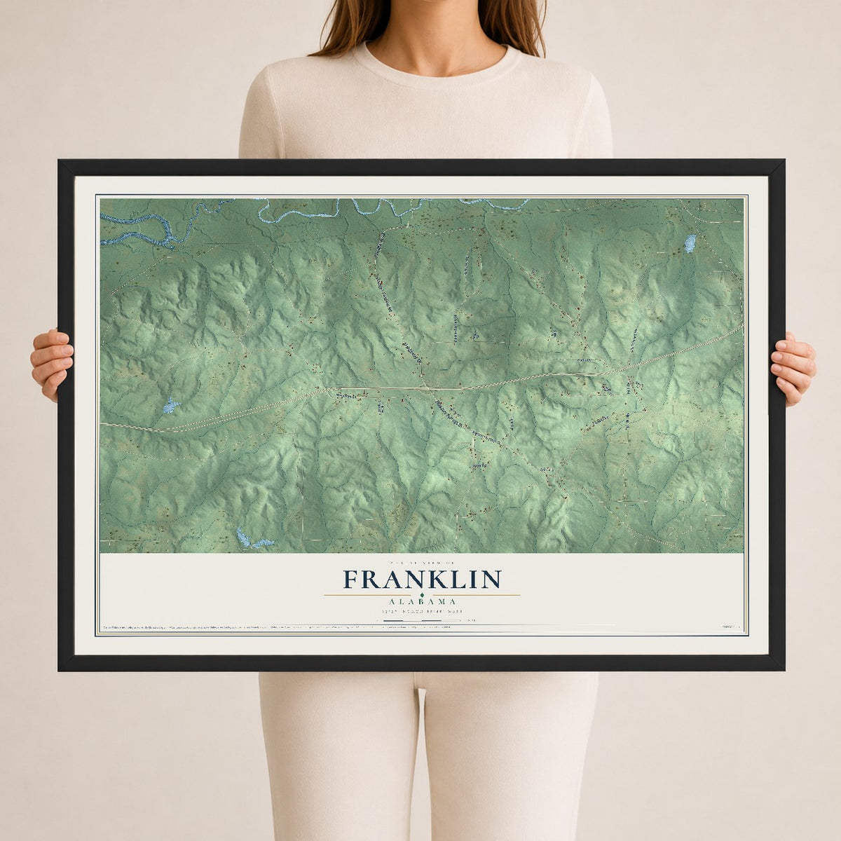 Map of Franklin, Alabama, 24 x 36 inch print in a black wood frame