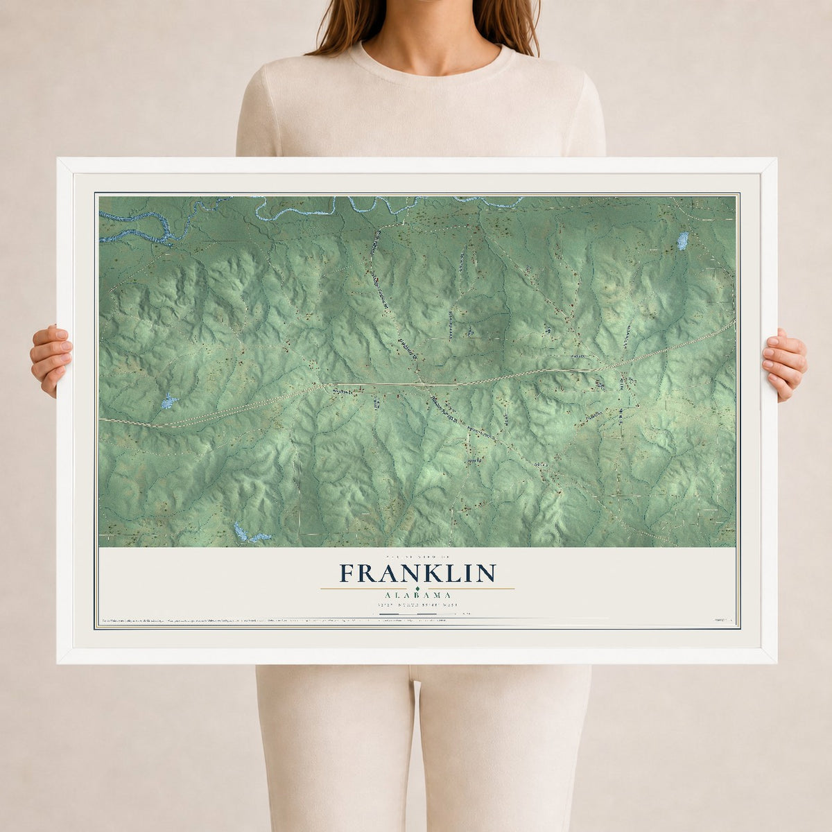 Map of Franklin, Alabama, 24 x 36 inch print in a white wood frame