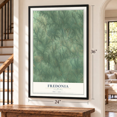 Fredonia, Alabama map, 24 x 36 inch print in a black frame by a staircase