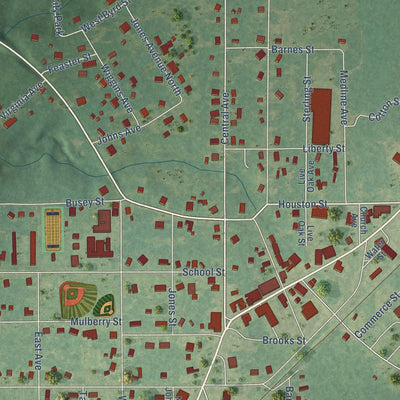Close-up of the map of Frisco City, Alabama print showing street and building detail