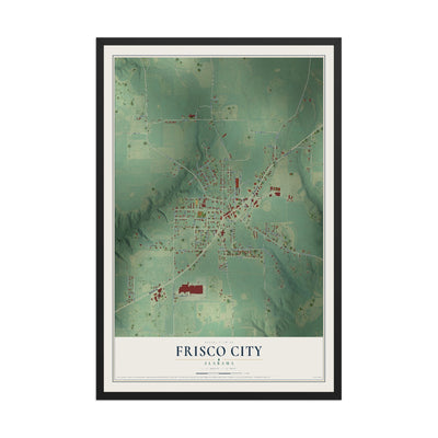 Map of Frisco City, Alabama, 12 x 18 inch print in a black wood frame