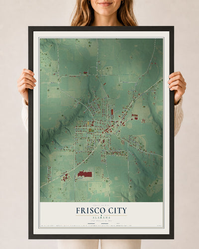 Map of Frisco City, Alabama, 24 x 36 inch print in a black wood frame
