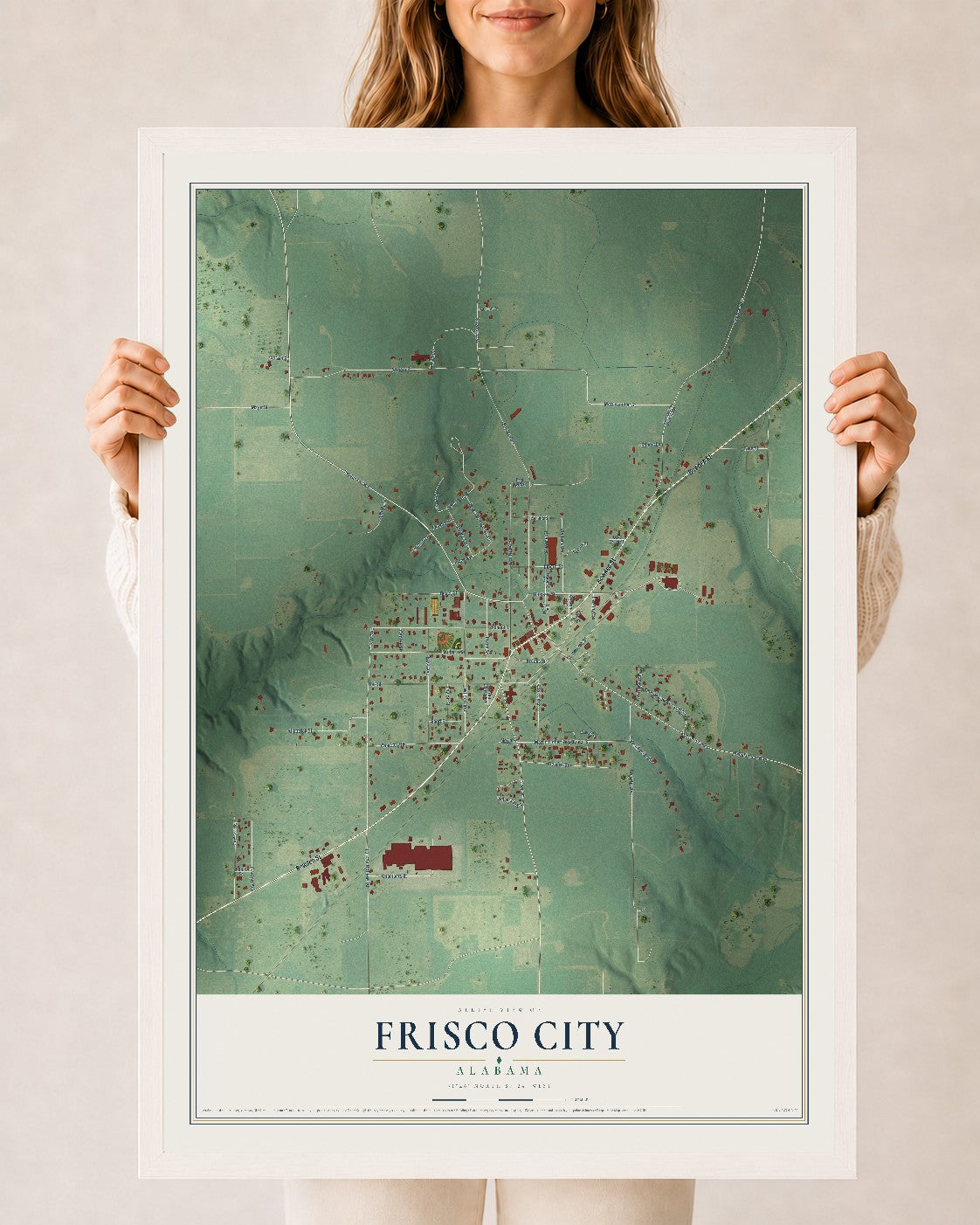 Map of Frisco City, Alabama, 24 x 36 inch print in a white wood frame