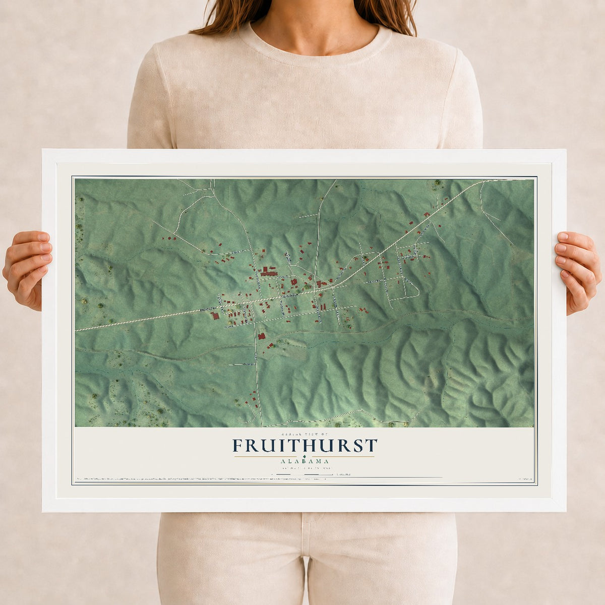 Map of Fruithurst, Alabama, 12 x 18 inch print in a white wood frame