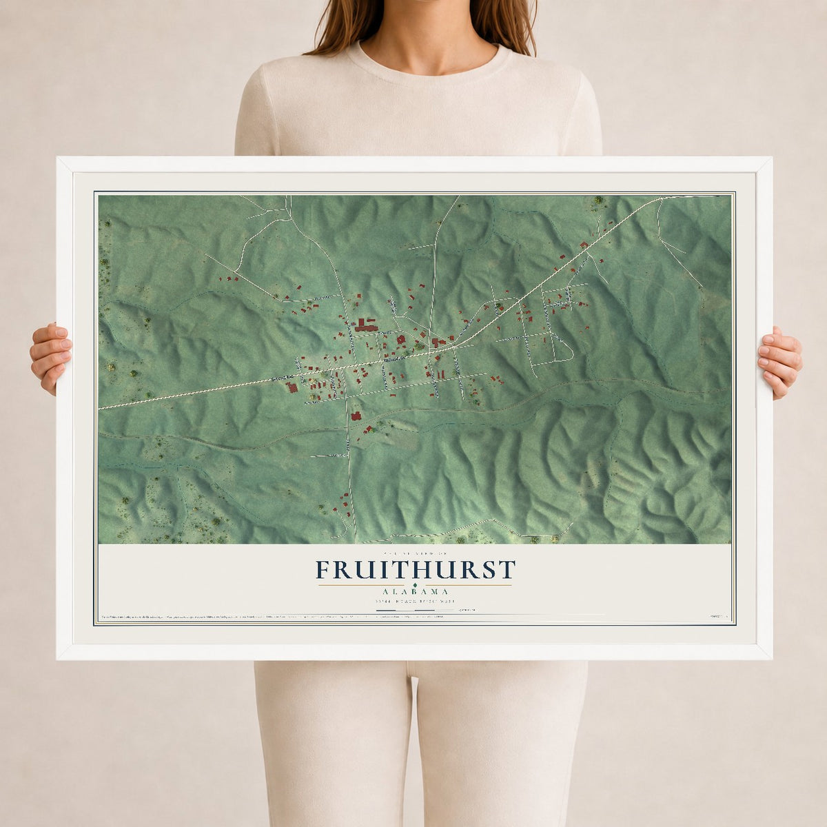 Map of Fruithurst, Alabama, 24 x 36 inch print in a white wood frame