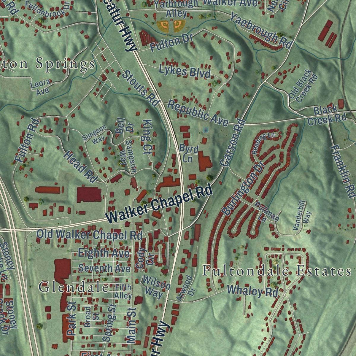Close-up of the map of Fultondale, Alabama print showing street and building detail