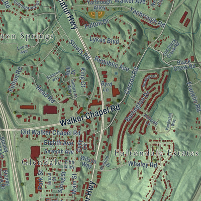 Close-up of the map of Fultondale, Alabama print showing street and building detail