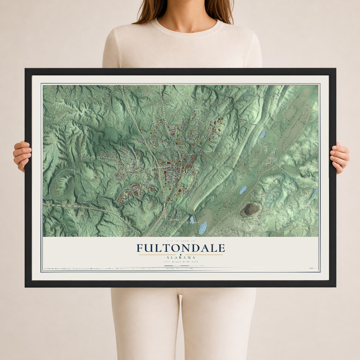 Map of Fultondale, Alabama, 24 x 36 inch print in a black wood frame