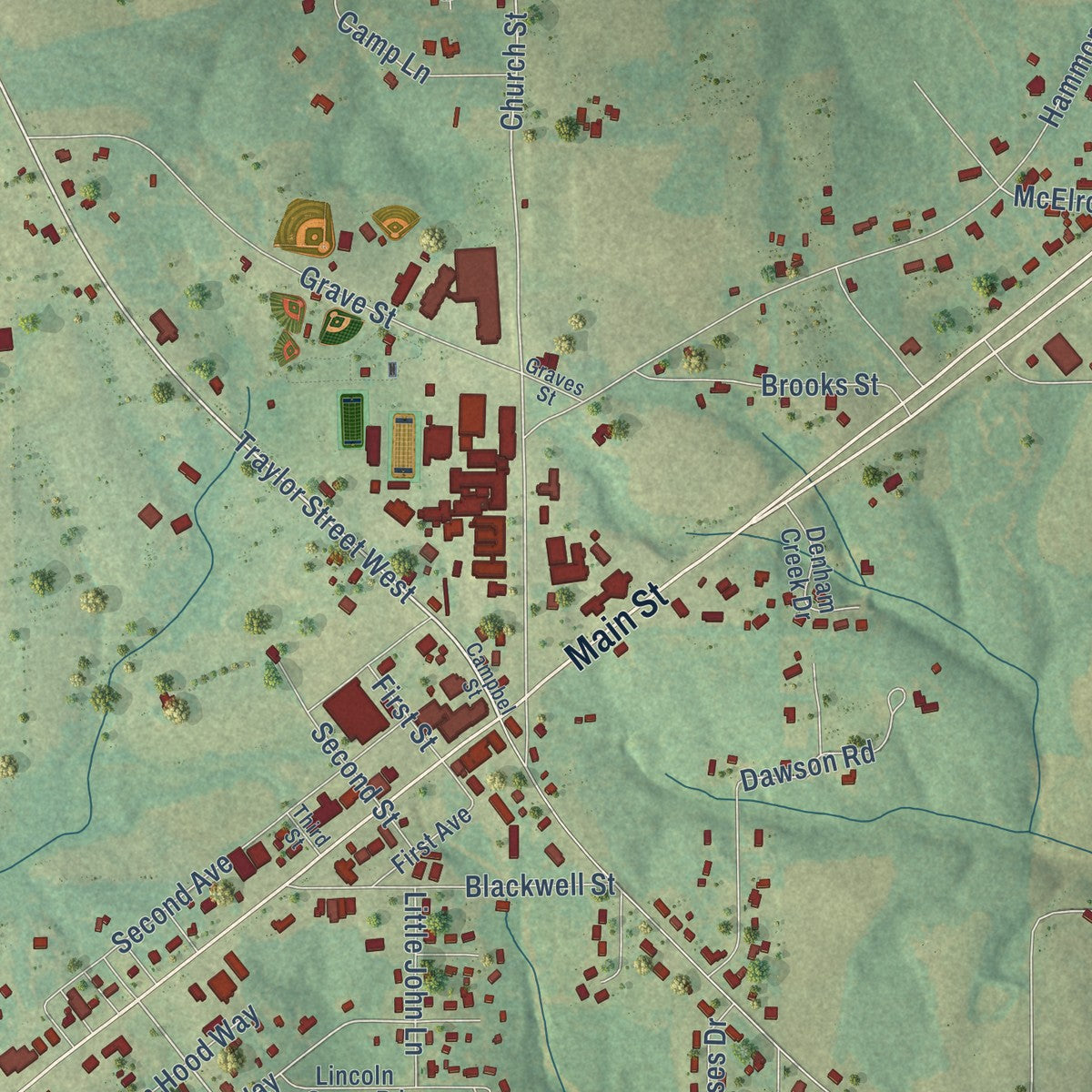 Close-up of the map of Fyffe, Alabama print showing street and building detail