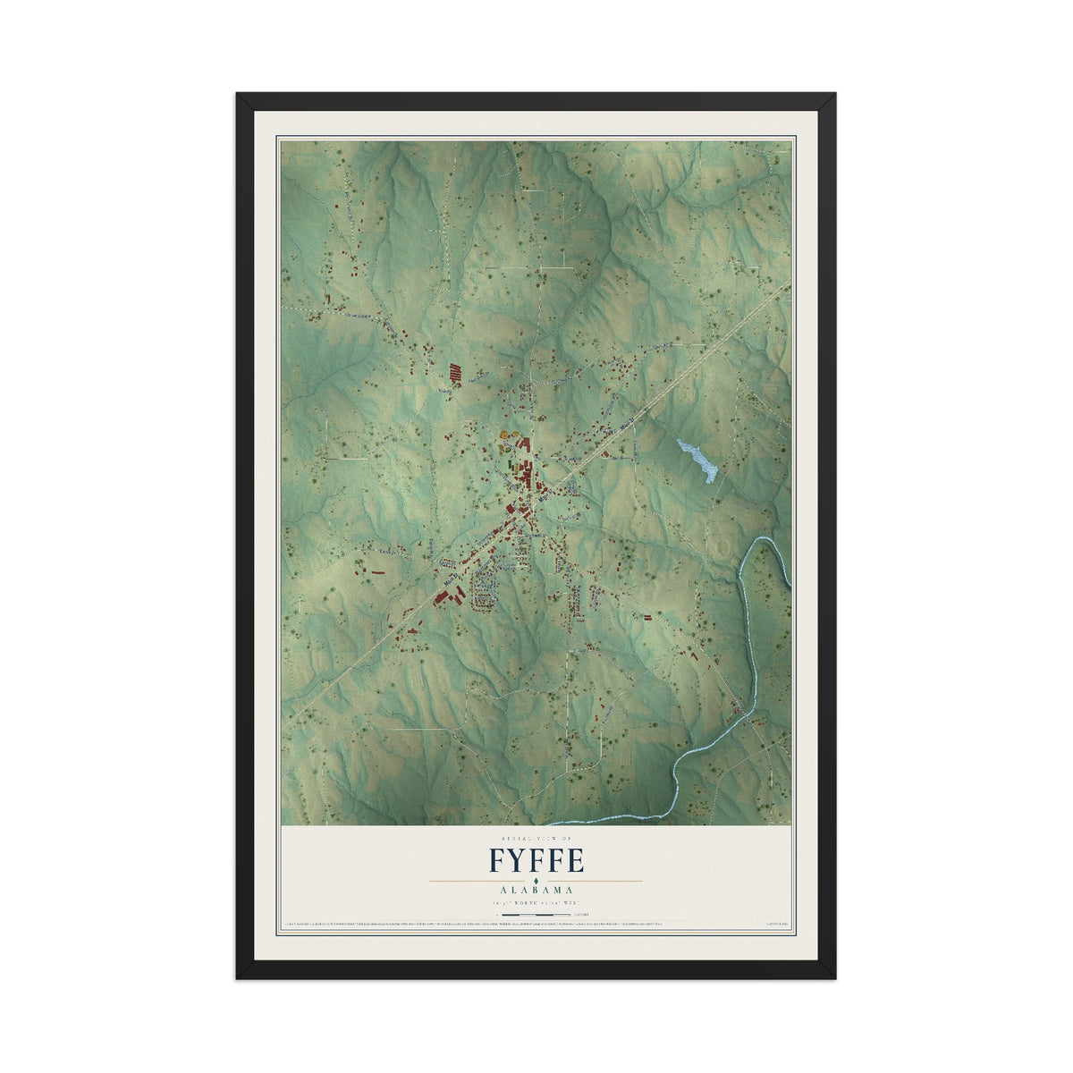 Map of Fyffe, Alabama, 12 x 18 inch print in a black wood frame