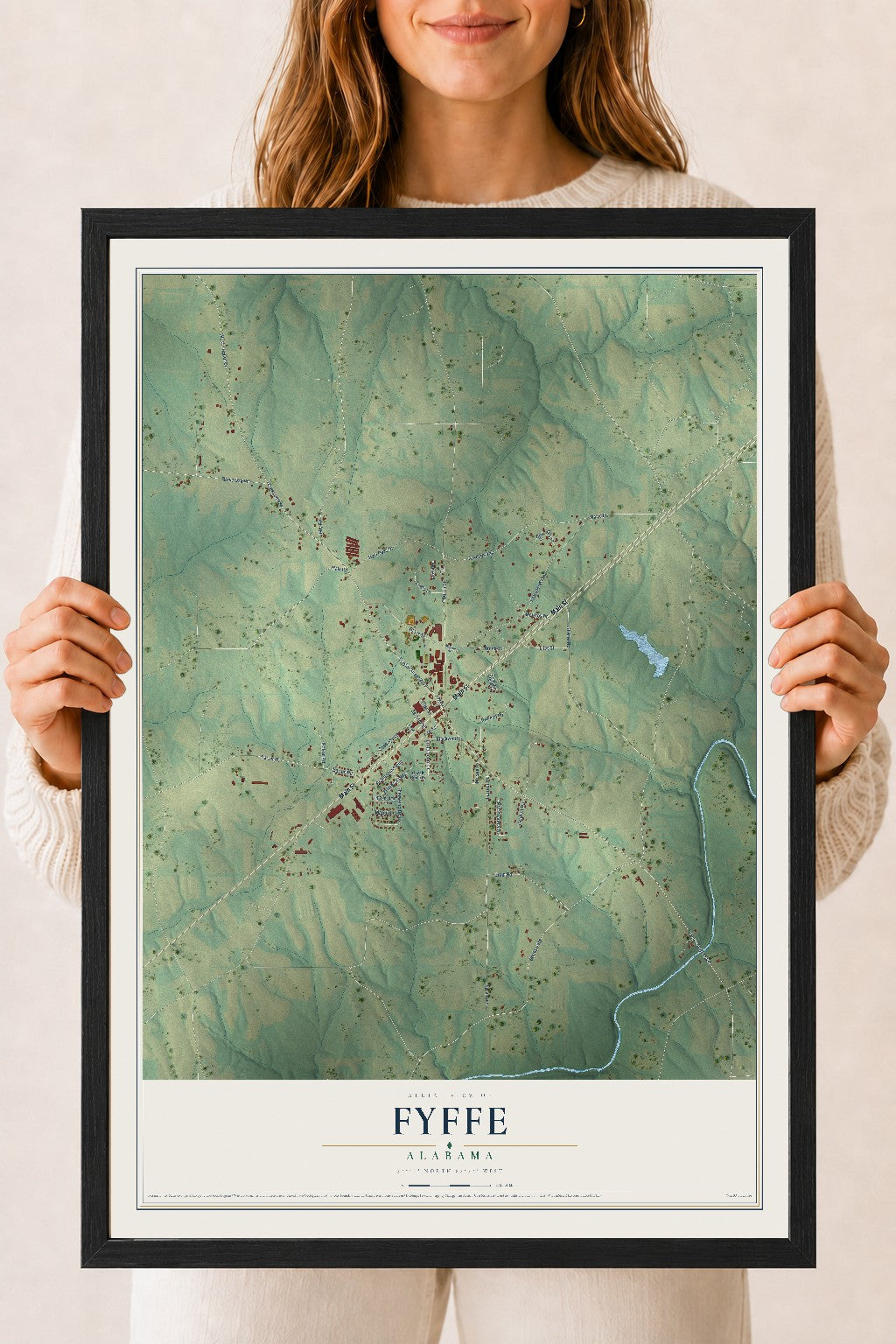 Map of Fyffe, Alabama, 18 x 24 inch print in a black wood frame