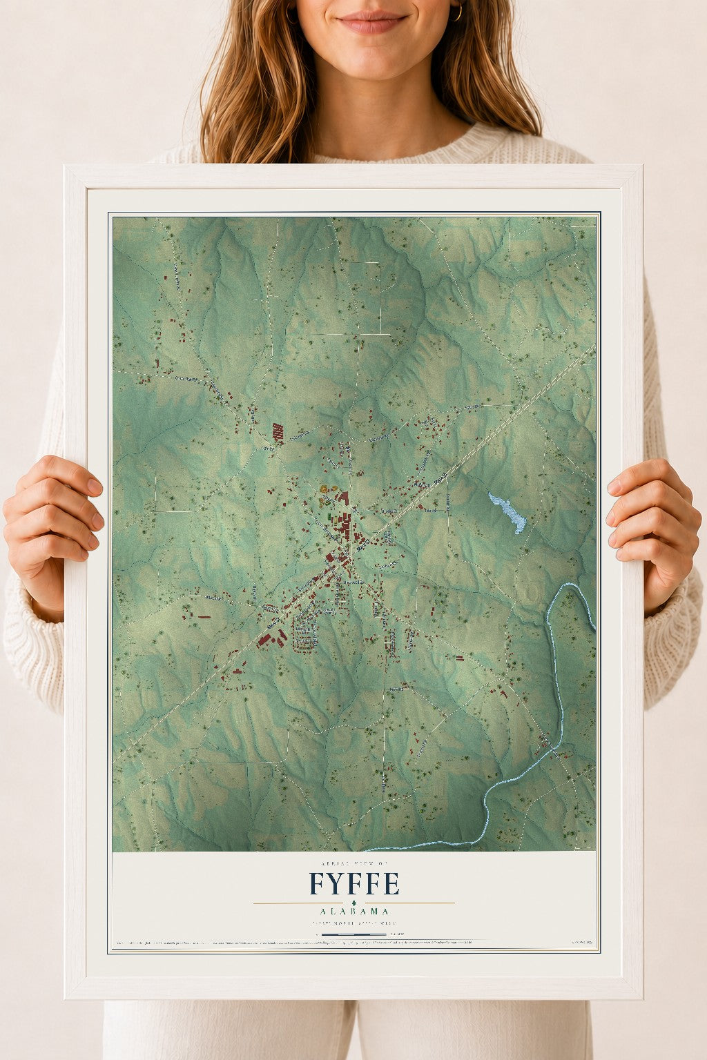 Map of Fyffe, Alabama, 18 x 24 inch print in a white wood frame