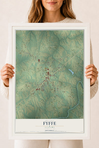 Map of Fyffe, Alabama, 18 x 24 inch print in a white wood frame